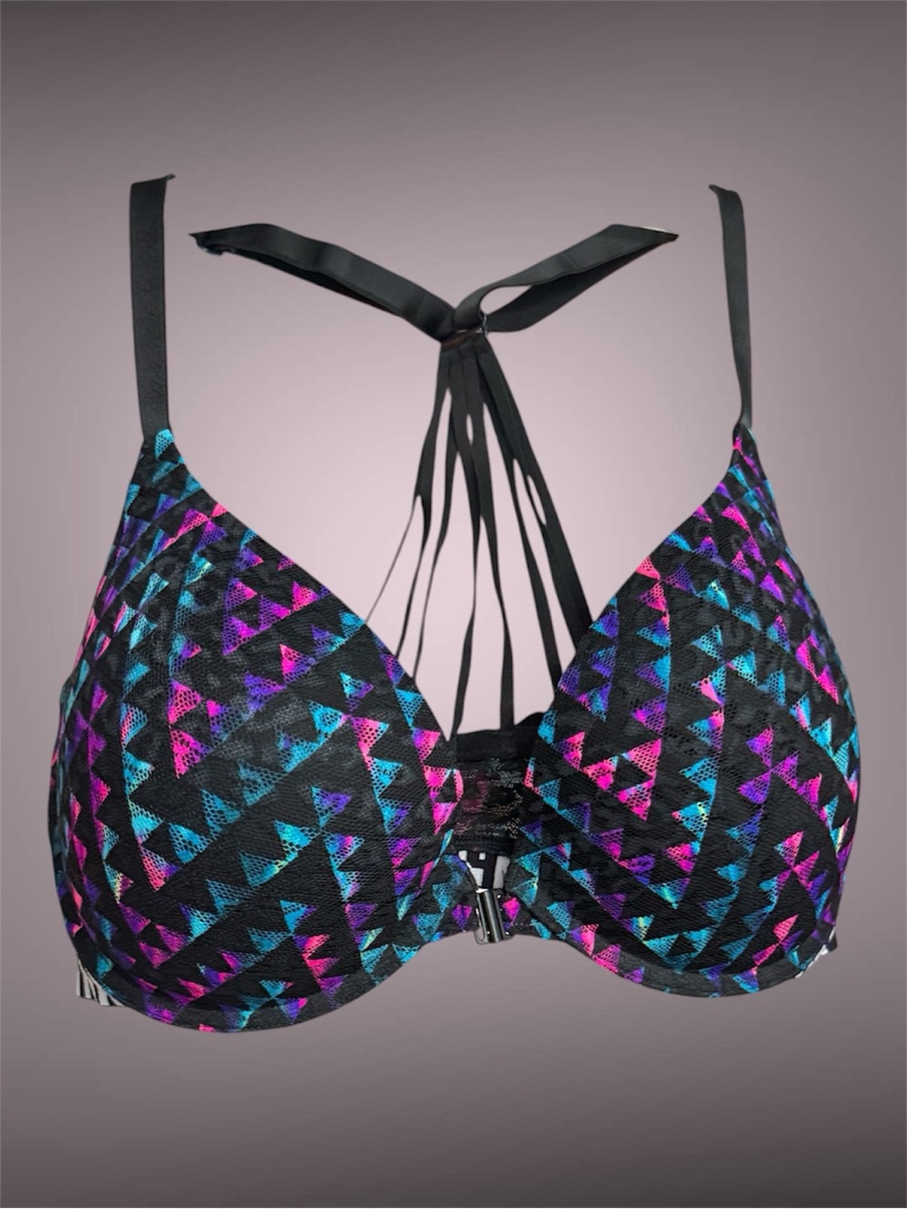 3/$25–Victoria's Secret Black Push-Up Bra with Blue & Purple Geometric Print